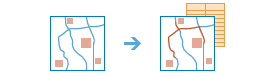 Two-part diagram in which a map's lines are highlighted and a table is added Two-part diagram in which a map's lines are highlighted and a table is added